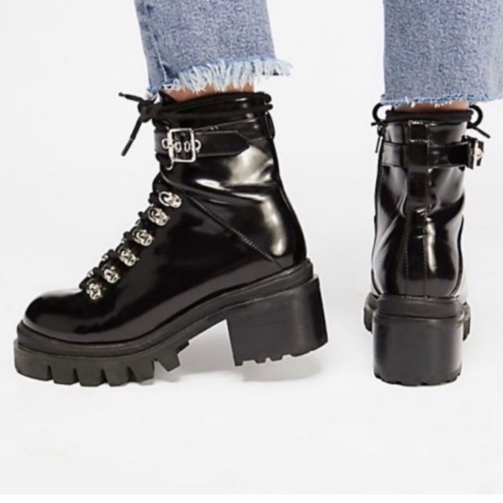 Jeffrey Campbell Black Czech Combat Boots leather patent gothic platform edgy